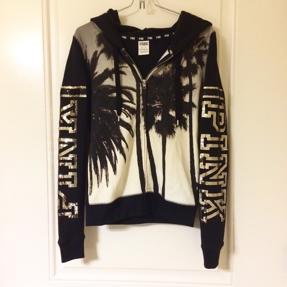 Black Gold Palm Print Tree Bling Sequin Hoodie - Picture 2 of 3